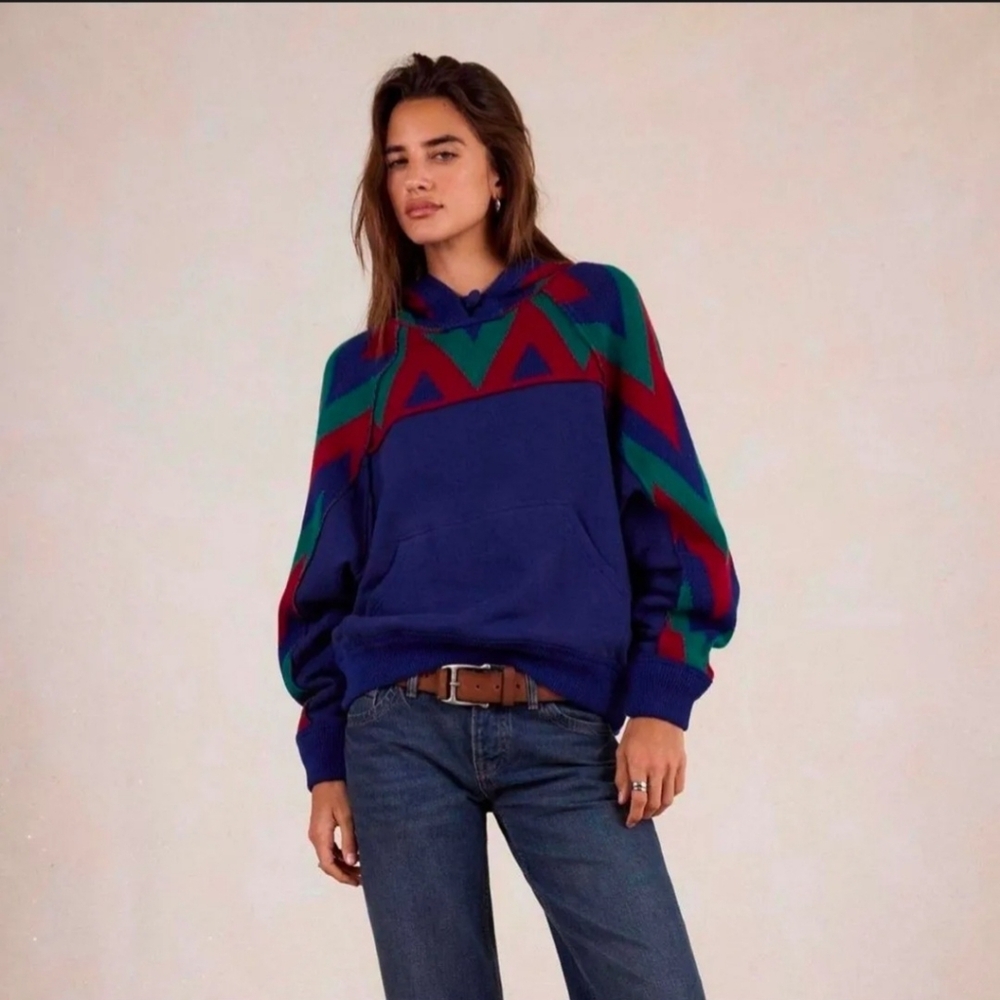 RARE Free People Seeing Double Hoodie Size L Oversized Fit Boho Aztec